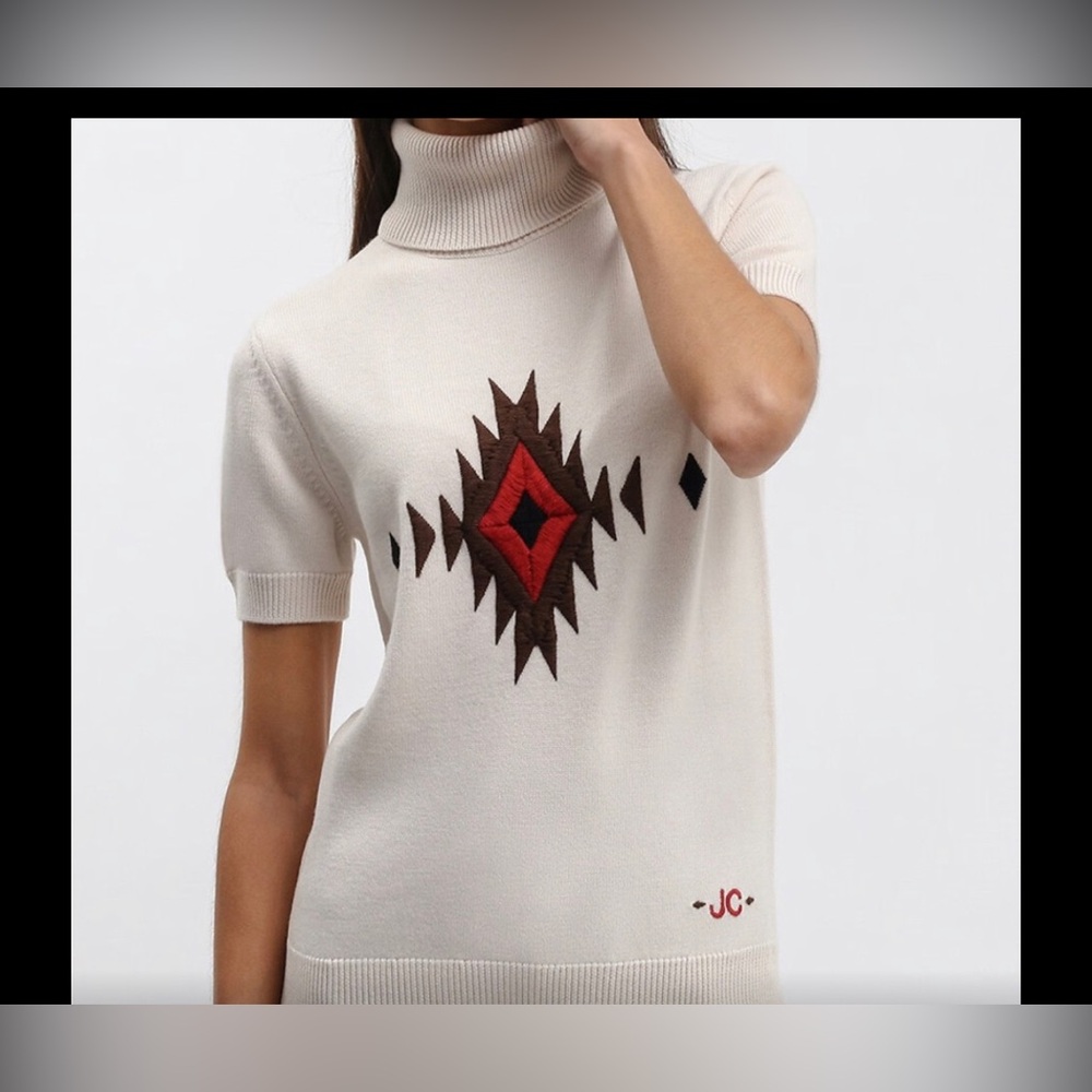 Jacob Cohen Cream Turtleneck Sweater with Red and Brown Accents